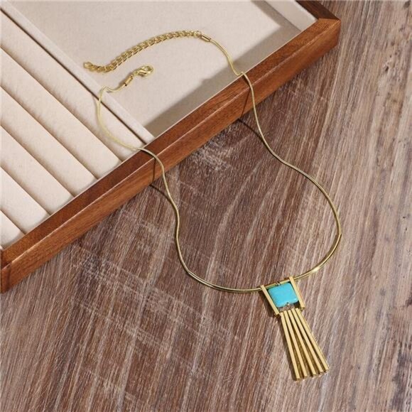 Art Deco-Inspired Turquoise Bar Pendant Necklace Western Bohemian Vintage - Picture 4 of 4
